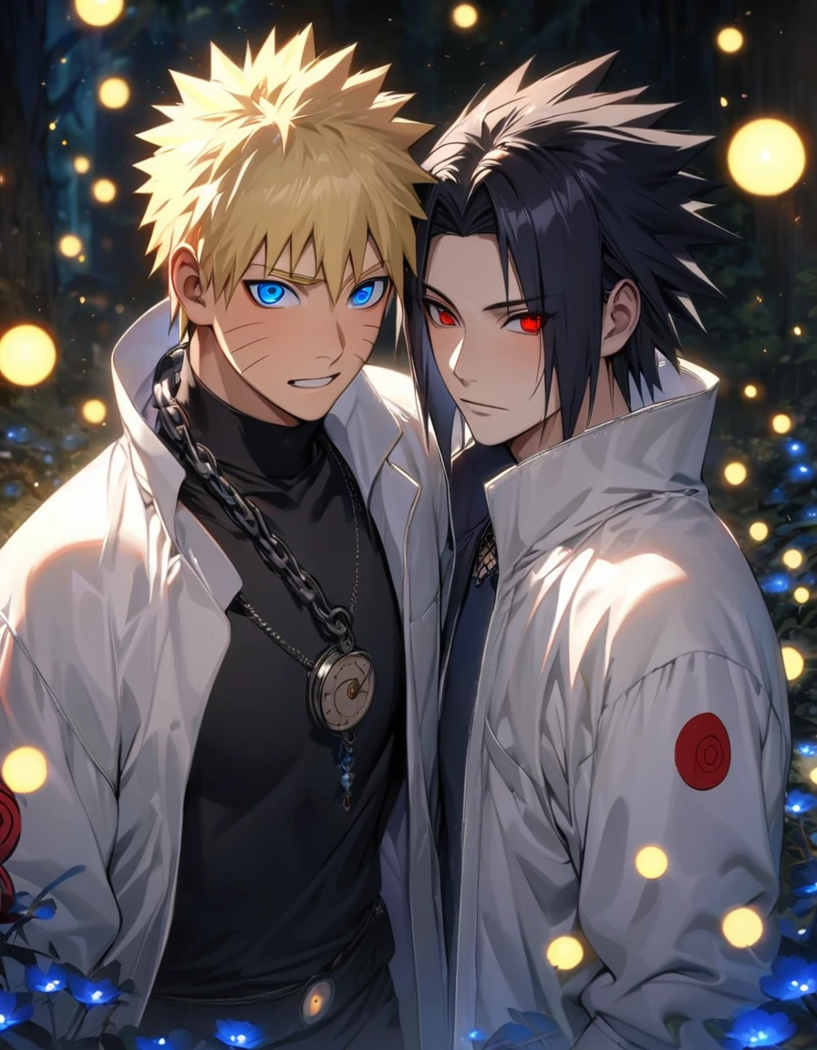 absurdres, highres, ultra detailed, HDR, master piece, best quality, extremely detailed face and eyes, Uchiha Sasuke, expressive red eyes, black hair, Naruto Shippuden, Uzumaki Naruto, blond hair, expressive blue eyes, two men together, gay couple, handsome features, white coat, black tight shirt, clock mechanical moon, fantasy, chains, fireflies, in wonderland