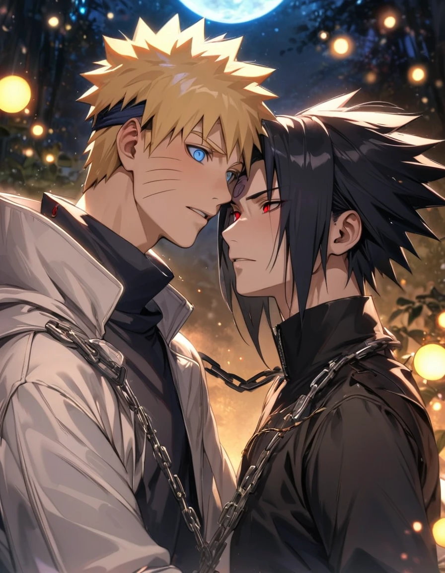 absurdres, highres, ultra detailed, HDR, master piece, best quality, extremely detailed face and eyes, Uchiha Sasuke, expressive red eyes, black hair, Naruto Shippuden, Uzumaki Naruto, blond hair, expressive blue eyes, two men together, gay couple, handsome features, white coat, black tight shirt, clock mechanical moon, fantasy, chains, fireflies, in wonderland