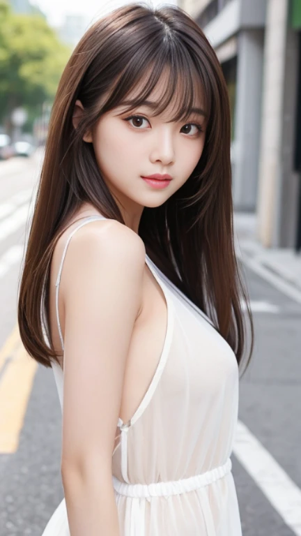 Sexy、Sexy and cute look and cute 18-year-old beautiful girl, Beautiful and sexy face、A strong wind blows my hair in front of my face、She has beautiful, cute and sexy eyes hidden behind her long bangs.,(Beautiful long white beige straight hair)、See-through