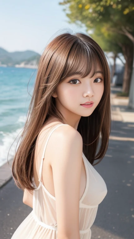 Sexy、Sexy and cute look and cute 18-year-old beautiful girl, Beautiful and sexy face、A strong wind blows my hair in front of my face、She has beautiful, cute and sexy eyes hidden behind her long bangs.,(Beautiful long white beige straight hair)、See-through