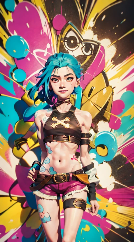Anime style illustration of a female character with red and blue hair, wearing colorful tattoos on her chest and smiling against a yellow background. The artwork features bright colors, intricate details and sharp focus with high resolution and high detail. It has a perfect composition in the anime art style with the Japanese manga artstyle. The rendering is of the best quality in the style of Akira Toriyama and Nyo. --ar 21:32