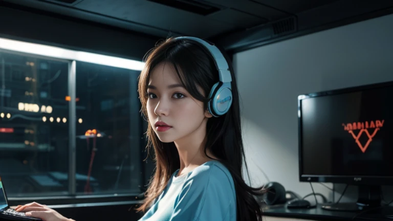 4K,beautiful women,headphone,SF,Illustration, science fiction artwork,light blue neon,gaming