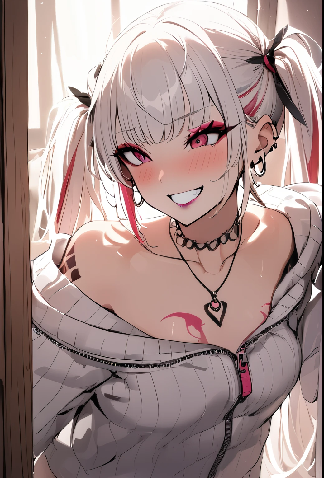 1girl, Holo-Punk Style, woman, masterpiece, white hair, best quality, indoors,shy, grin, messy twintails, makeup, dynamic pose, blush, black shirt, unzipped white sweater, blush, earrings, ruby necklace, breasts, lipstick, collarbone tattoo