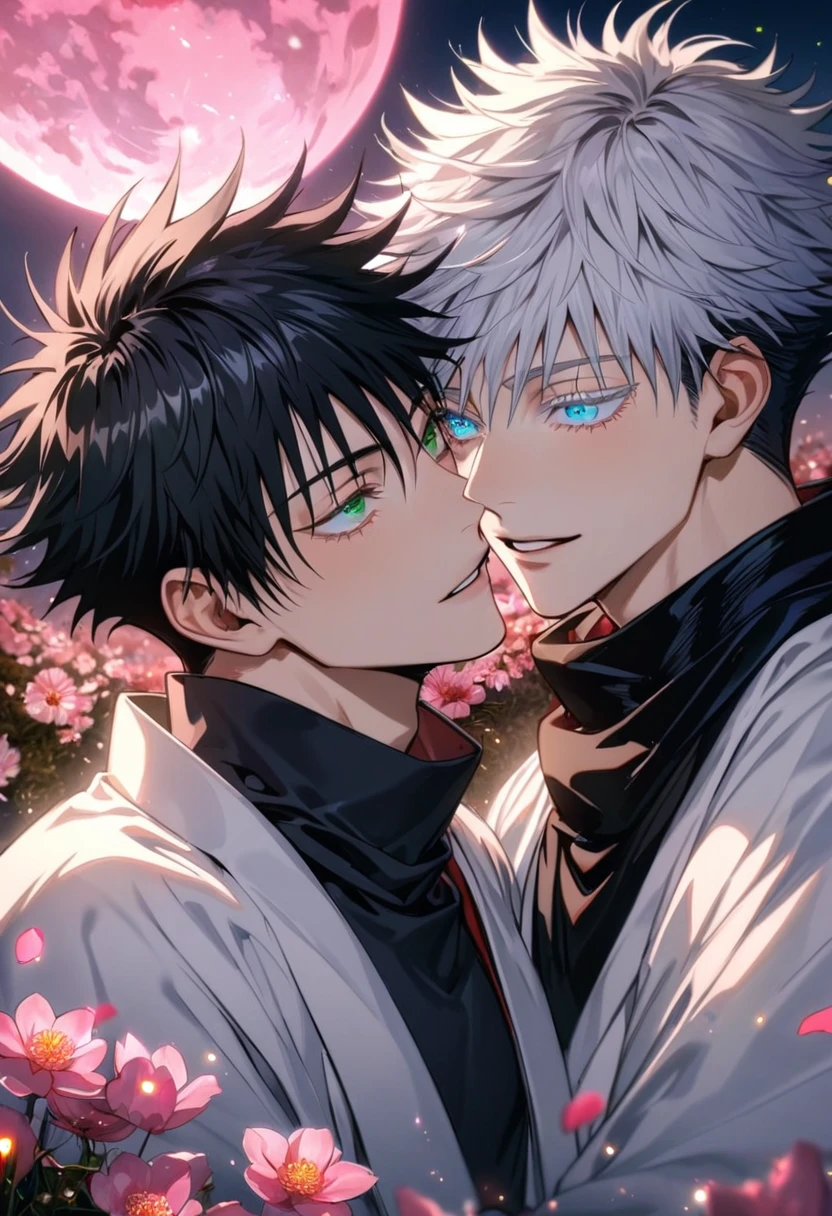 Ultra detailed, highres, absurdres, HDR, Fushiguro Megumi, black hair, green eyes, Gojou Satoru, white hair with bangs, blue eyes, white eyelashes, Jujutsu Kaisen, pink flowers, petals, fireflies, pink moon, 2 sexy men kissing, gay couple, handsome, very detailed face and eyes, black scarf, white haori, love, happy,