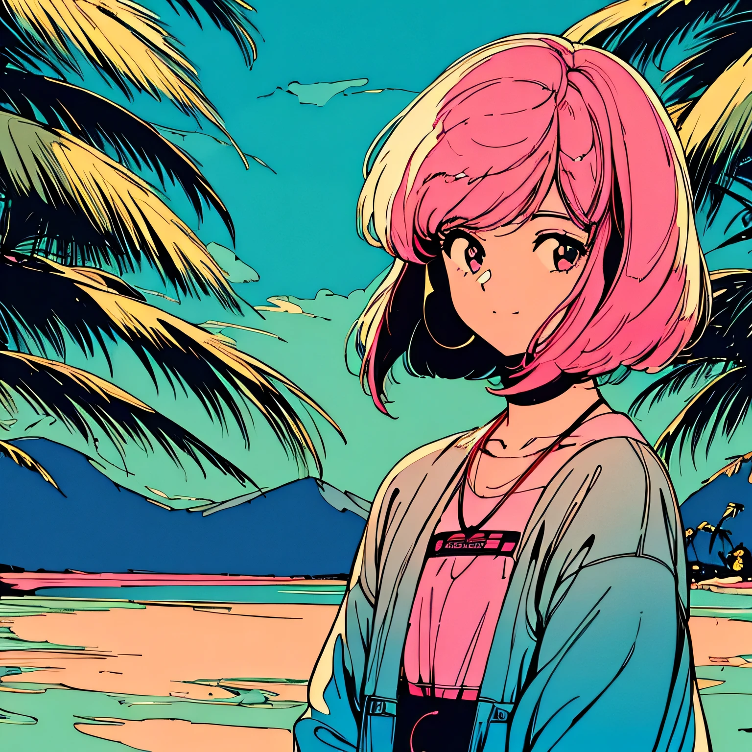master piece, Pink Hair, fluffy bob cut, wearing headphones, shoulder length, alone, Futuristic, yet, lofi, retro, vintage, Ghost, light smile, (( looking away )), ((Vivid and beautiful nature)), ((Paradise)), ((Paradise))