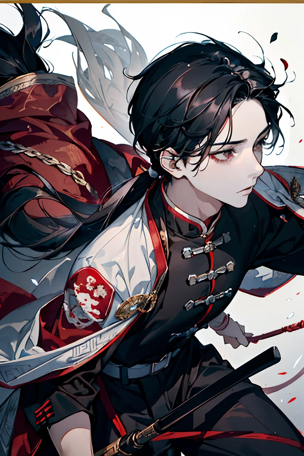 ((boy around 18 years old)),(Black Hair:1.3),(Long Hair:1.3),(Grey and red costume of an ancient Chinese soldier),(The atmosphere of a watercolor painting),(Close-up of face:1.25),(Riding a horse)