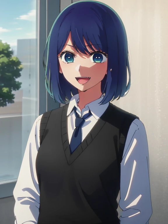 Beautiful lighting, One Girl, solo, Akane, White shirt, Sweater vest, Black vest, Blue tie, ((Anime Style))、((2D))、Laughter、Open your mouth、Look forward