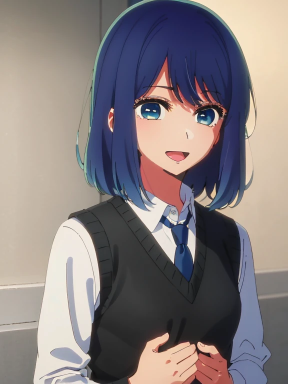 Beautiful lighting, One Girl, solo, Akane, White shirt, Sweater vest, Black vest, Blue tie, ((Anime Style))、((2D))、Laughter、Open your mouth、Look forward