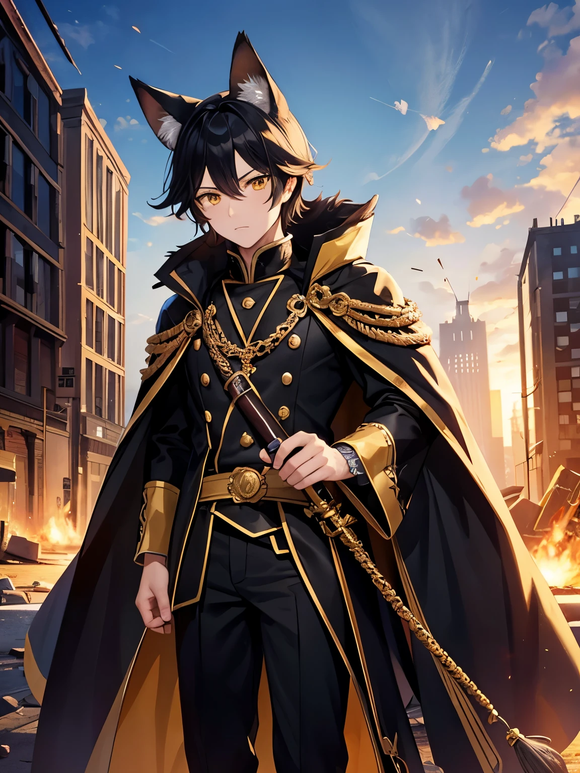 1 fox king, fox ears, black hair, yellow eyes, royal clothes, standing, building ruins background, shocked expression, ultra detail, ultra HD