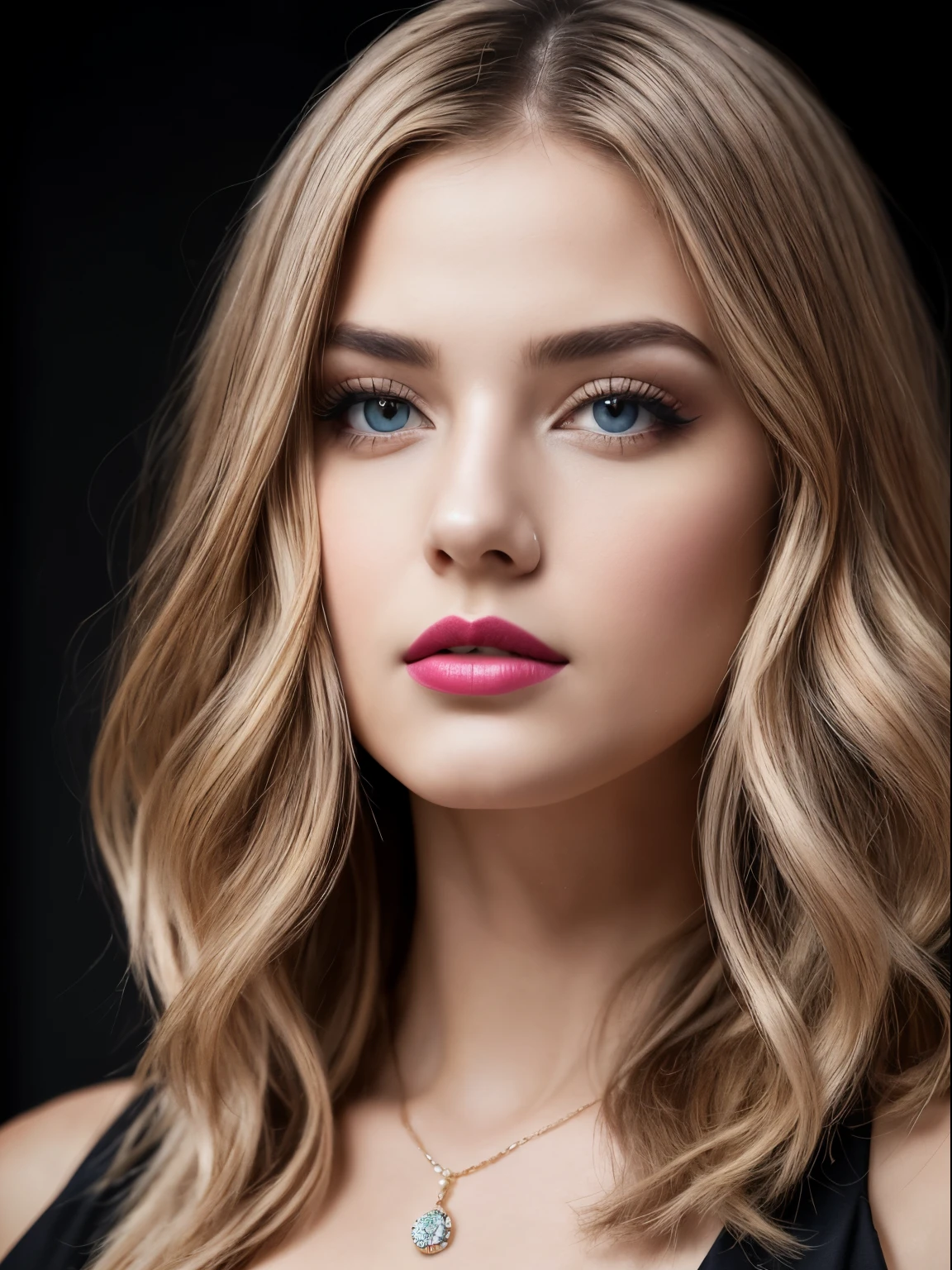 (Best quality,8K,A high resolution,Masterpiece:1.2, DSLR, 16k ),Ultra-detailed,(Realistic,Photorealistic,photo-realistic:1.37),Portrait, Creative style artwork, Historical, classical, Sophisticated, plethora of colors ,Highly detailed, Soft lighting, luxurious environment , black dress, there is young woman , girl wearing a red classy royal dress, performing a music video, slim fit (oval perfect shape, asymmetrical face structure, perfect proportion, almond eye type, hazal eye color, detailed eyes, yellow hair color, 34 inch breasts, hourglass figure, slim body, pale white skin tone ,sexy girl, 22 years old, soft wavy hair, looking away, attitude expression, professional makeup, pink lips)