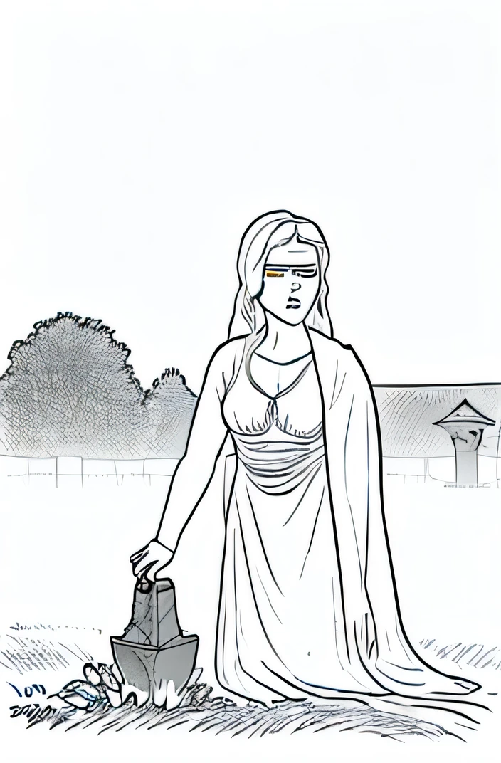 draw a scenario where a representative of the cemetery is standing next to a tombstone, with a serious or indifferent expression, while a gravedigger is pushing a cart with a corpse inside. O coveiro poderia estar suando ou mostrando sinais de fadiga, como forma de representar a sobrecarga de trabalho. This image will convey the message of political criticism, suggesting questions about negligence or insensitivity towards social problems.