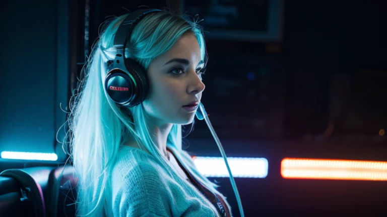 (Jennifer Lawrence) com cabelo preto ,sleeping and wearing gaming headphones glowing with colored light and glasses with a light on the face, foto de perfil 1024px, Streamer do Twitch, Razer, fone de ouvido cyberpunk, Streamer do Twitch / Jogador Ludwig, nice lighting