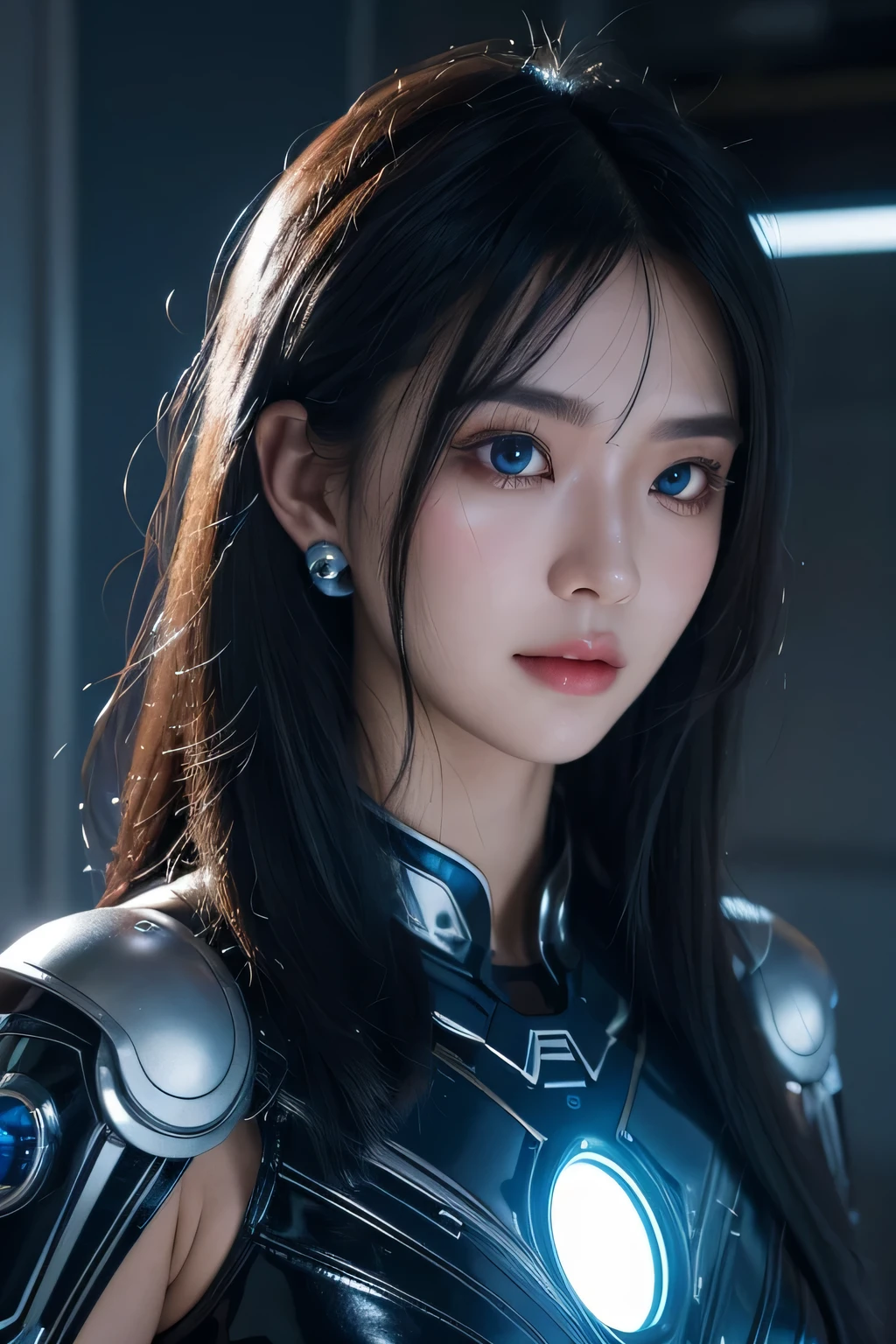 black hair, hair bobbles, wince, longeyelashes, solid circle eyes, light smile, ear blush, fang, Surrealism, drop shadow, anaglyph, stereogram, tachi-e, pov, atmospheric perspective, 8k, super detail, ccurate, best quality,Full picture, Seven-hit shooting, 18 years old, Wearing transparent sci-fi clothes, Exquisite face, detail, hand, ultimate detail, Stunning magnificence, LED interior lighting, Pedepin (Pedaipan) style, Fiber Hair, Glowing blue iris, Glowing blue iris. ,,
