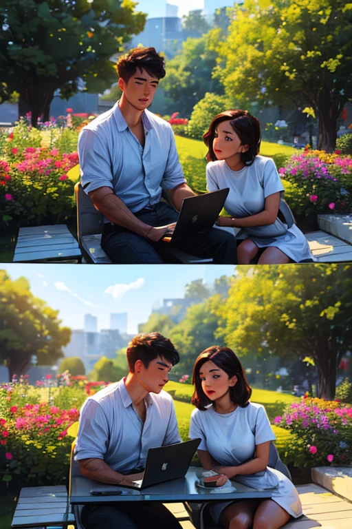 (best quality, highres, ultra-detailed, realistic:1.37), early morning, vibrant colors, natural lighting, couple sitting together in a quiet garden, looking at a laptop with surprised expressions, woman with beautiful detailed eyes, young man with handsome, lush green surroundings, blooming flowers, comfortable seating, tense atmosphere, laptops with intricate details, realistic rendering, detailed garden landscape, shocked body language, shocked expressions, pleasant weather, serene ambiance, modern clothing, attentive gaze, shaded area, bad interaction