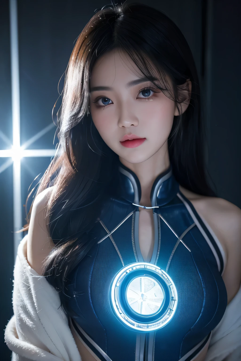 black hair, hair bobbles, wince, longeyelashes, solid circle eyes, light smile, ear blush, fang, Surrealism, drop shadow, anaglyph, stereogram, tachi-e, pov, atmospheric perspective, 8k, super detail, ccurate, best quality,Full picture, Seven-hit shooting, 18 years old, Wearing transparent sci-fi clothes, Exquisite face, detail, hand, ultimate detail, Stunning magnificence, LED interior lighting, Pedepin (Pedaipan) style, Fiber Hair, Glowing blue iris, Glowing blue iris. ,,