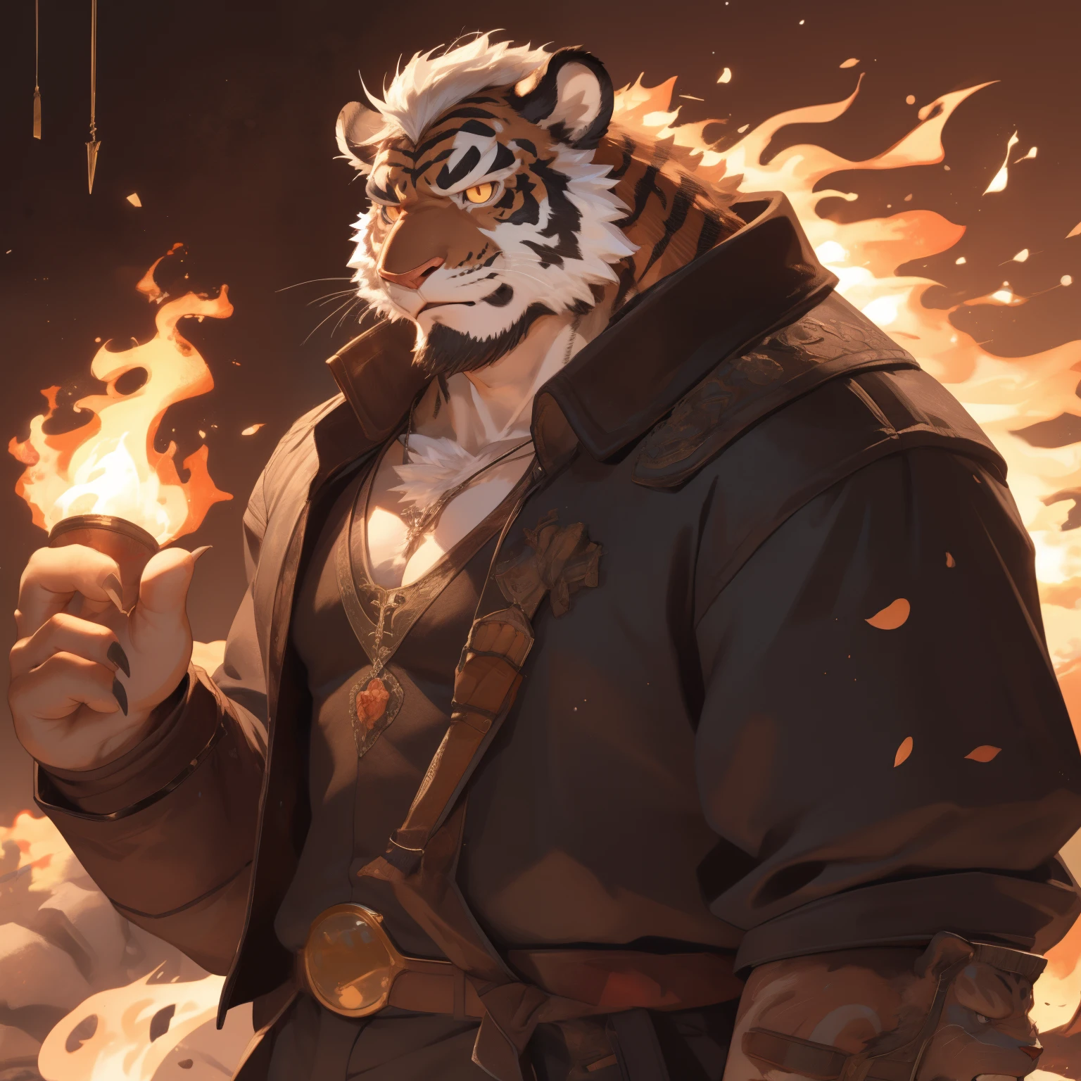 human nature, Wildlife, male,36 years old，Uncle， solitary, ((Round Face, The face is plump,Orange eyes,Thick grey hair，Little furry ears，with decorations)), ((Endomorph, Handsome的，)), （construction worker，White architectural clothing，), ((domestic gray tiger, Tiger Orc，) Fluffy fur, Fluffy), Bokeh, (high quality, high resolution, masterpiece), (Dynamic Lighting, Vibrant colors，Natural fill light), (Revitalize，Handsome，tired), Full body picture (close up), cartoon, author：Takemoto Arashi, From zixiong, By Chunni, author：Empty Ghost，moonlight，Quiet rest in the dark night，符合中年Uncle的房间，Sit by the fire，明亮的moonlight，Quiet wilderness at night，Nostalgia for the past（background：Desolate wilderness，Just some bushes and a fire.）