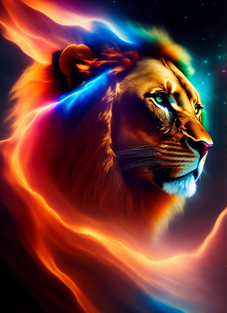 beautiful lion in space ((flying)) among the cosmos full of colors, red, blue, green, white, orange, yellow, fire in his eyes, (((translucent skin))), frontal face photo, showing that he is powerful, long hair, completely white, 4k cinema, cinematic, magical, cosmic, full body, high resolution, flying, covered in stars, realistic skeleton parts, RAW color photo of very high quality and details, double exposure, sharp lines, dark touch, Canon EOS R10 + effect, focus on art, soft lighting, depth effect of field, f2, 35mm, film grain, front photo, realism, front optical projection image, stereogram, atmospheric perspective, color field painting, conceptual art, social realism, modern, minimalism, romanticism, op art, realism, action painting, hyperrealism, En plein ar, 8k, super details, accurate, best quality, 8k, 4K, high resolution, best quality, award-winning, high details, anatomically correct, UHD, retina, masterpiece, necessary, sharp facial