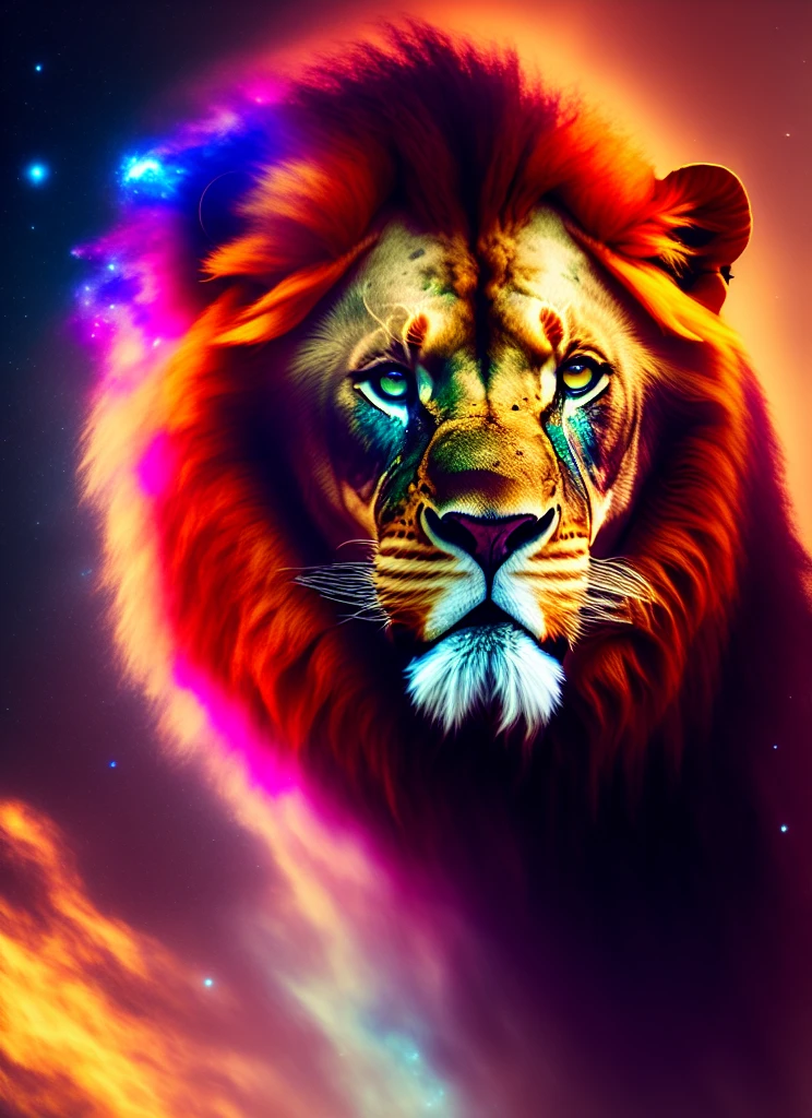 beautiful lion in space ((flying)) among the cosmos full of colors, red, blue, green, white, orange, yellow, fire in his eyes, (((translucent skin))), frontal face photo, showing that he is powerful, long hair, completely white, 4k cinema, cinematic, magical, cosmic, full body, high resolution, flying, covered in stars, realistic skeleton parts, RAW color photo of very high quality and details, double exposure, sharp lines, dark touch, Canon EOS R10 + effect, focus on art, soft lighting, depth effect of field, f2, 35mm, film grain, front photo, realism, front optical projection image, stereogram, atmospheric perspective, color field painting, conceptual art, social realism, modern, minimalism, romanticism, op art, realism, action painting, hyperrealism, En plein ar, 8k, super details, accurate, best quality, 8k, 4K, high resolution, best quality, award-winning, high details, anatomically correct, UHD, retina, masterpiece, necessary, sharp facial
