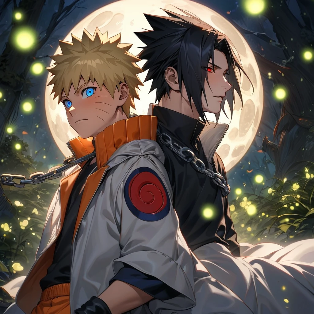 absurdres, highres, ultra detailed, HDR, master piece, best quality, extremely detailed face and eyes, Uchiha Sasuke, expressive red eyes, black hair, Naruto Shippuden, Uzumaki Naruto, blond hair, expressive blue eyes, two men together, gay couple, handsome features, white coat, black tight shirt, clock mechanical moon, fantasy, chains, fireflies, in wonderland