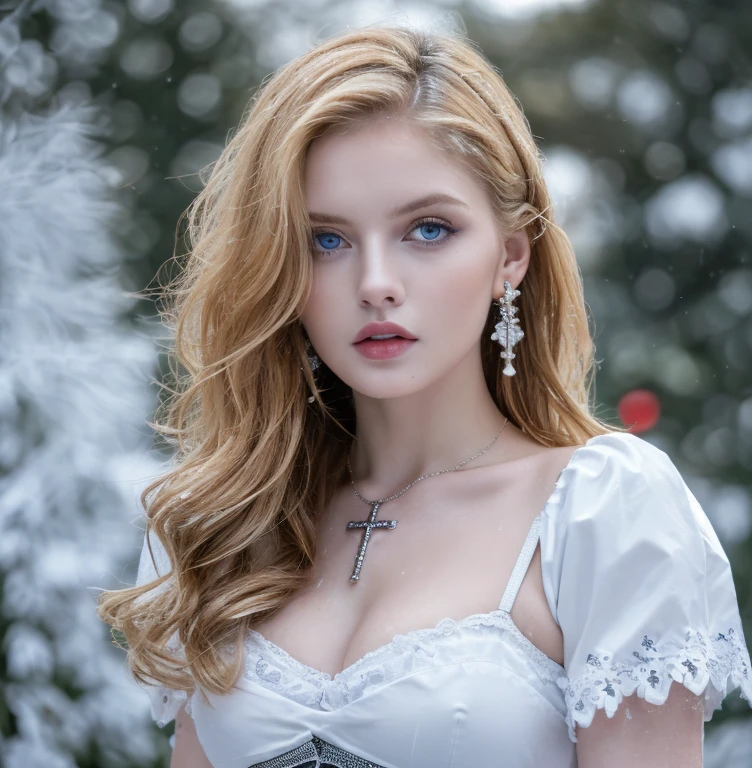 1 miniature Beautiful beautiful woman - Yuan Sayuki, ((top quality, 8K, Masterpiece:1.retty woman, 1 woman, huge breasts:1.3, a slim body:1.1, lush GINGER short hair, (shower, wet body, wet clothes:1.1), very detailed face, detailed lips, detailed eyes, double eyelids, Detailed blue eyes, чрезвычайно Detailed Outstanding Blue Eyes, short GINGER wet hair, GINGER wet hair, Detailed Outstanding Blue Eyes, innocent look at the viewer, very wet wavy white hair, Detailed Outstanding Blue Eyes, huge cross earrings, Outdoors, badges behind, gothic maid uniform, sexy maid dress, bare chest, huge chest tattoo, detailed huge catholic cross earrings, chest tattoo, Outside, wear a silver cross (Detailed cross shape), reality mode, wet breasts, black necklace, human crowd behind, black latex gloves, hair of white snowy colour, night time, red neon lights, demonic nun, nimbus (golden lighting ring above her head), angel, snowy weather, sexy pose, white lingerie, black maid dress, detailed flower wreath
