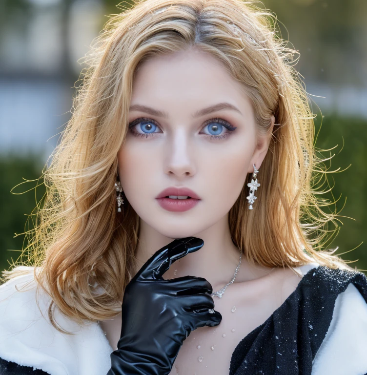 1 miniature Beautiful beautiful woman - Yuan Sayuki, ((top quality, 8K, Masterpiece:1.retty woman, 1 woman, huge breasts:1.3, a slim body:1.1, lush GINGER short hair, (shower, wet body, wet clothes:1.1), very detailed face, detailed lips, detailed eyes, double eyelids, Detailed blue eyes, чрезвычайно Detailed Outstanding Blue Eyes, short GINGER wet hair, GINGER wet hair, Detailed Outstanding Blue Eyes, innocent look at the viewer, very wet wavy white hair, Detailed Outstanding Blue Eyes, huge cross earrings, Outdoors, badges behind, gothic maid uniform,  sexy maid dress, bare chest, huge chest tattoo, detailed huge catholic cross earrings, chest tattoo, Outside, wear a silver cross (Detailed cross shape), reality mode, wet breasts, black necklace, human crowd behind, black latex gloves, hair of white snowy colour, night time, red neon lights, demonic nun, nimbus (golden lighting ring above her head), angel, snowy weather, sexy pose, white lingerie, black maid dress, detailed flower wreath