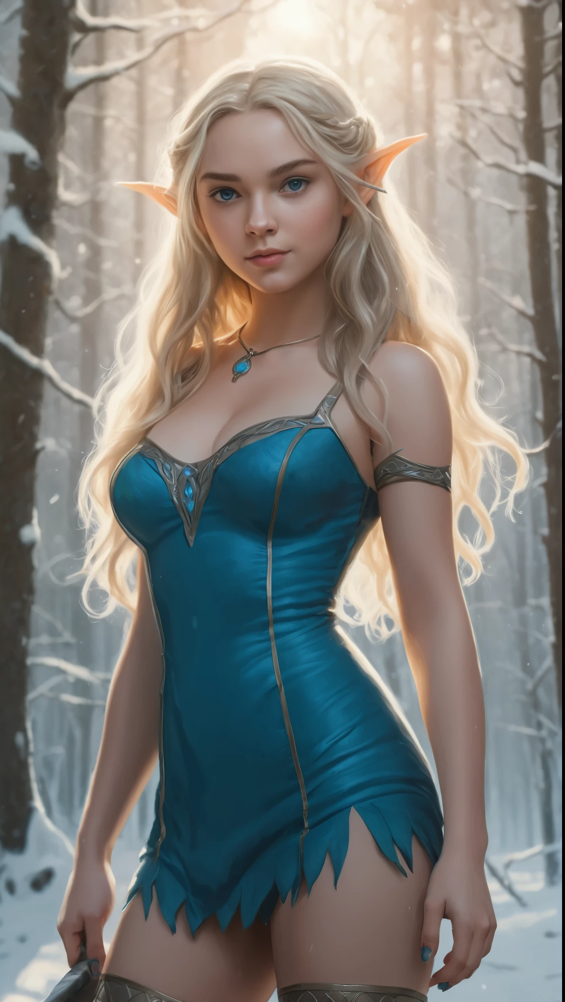 An illustrated movie poster, hand-drawn, full color, a teenage elven girl, wearing a mini-dress, sun-tanned complexion, very tall, athletic body, hourglass figure, curvy, slightly chubby, bottom-heavy, generous hips, massive bubble-butt, long legs, ridiculously thick powerful thighs, bright blue eyes, long pointy elf ears, ash blonde hair, long loose waves, posing in a snowy forest, hard shadows, graphite shading, stencil marks, airbrushed acrylic paint, masterpiece, in the style of Lord of the Rings 