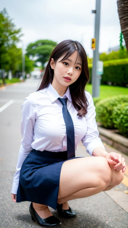 Thai, white collared shirt, necktie, pleated skirt, dark blue long skirt, loafers, Thighs look good,big breasts,squatting down, open leg to side,