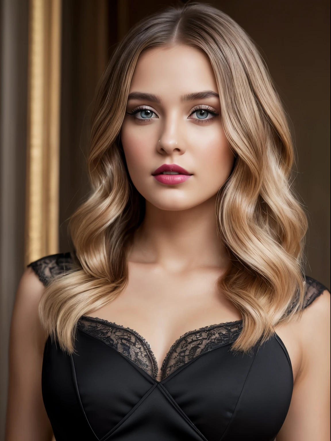 (Best quality,8K,A high resolution,Masterpiece:1.2, DSLR, 16k ),Ultra-detailed,(Realistic,Photorealistic,photo-realistic:1.37),Portrait, Creative style artwork, Historical, classical, Sophisticated, plethora of colors ,Highly detailed, Soft lighting, luxurious environment , black dress, there is young woman , girl wearing a red classy royal dress, performing a music video, slim fit (oval perfect shape, asymmetrical face structure, perfect proportion, almond eye type, hazal eye color, detailed eyes, yellow hair color, 34 inch breasts, hourglass figure, slim body, pale white skin tone ,sexy girl, 22 years old, soft wavy hair, looking away, attitude expression, professional makeup, pink lips)