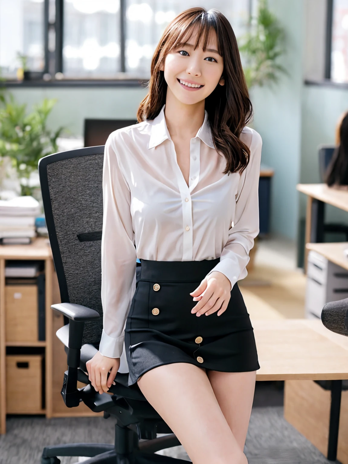 Japanese women、sexy,Fine skin、Star Piece、Beautiful breasts High quality、Perfect Sentence、so beautiful、High resolution face、Light makeup、Beautiful ass high quality、Glowing Beautiful Skin、Glowing Beautiful Skin step piece、Transparent beauty、Realistic、smile、Looking at the camera、Whitening skin、maStar Piece、Wavy Hair、Girlfriend、A tight-fitting shirt with a collar and buttons、Tight mini skirt、Large Breasts、Thin and beautiful legs、Slender、Sitting in a chair in the office