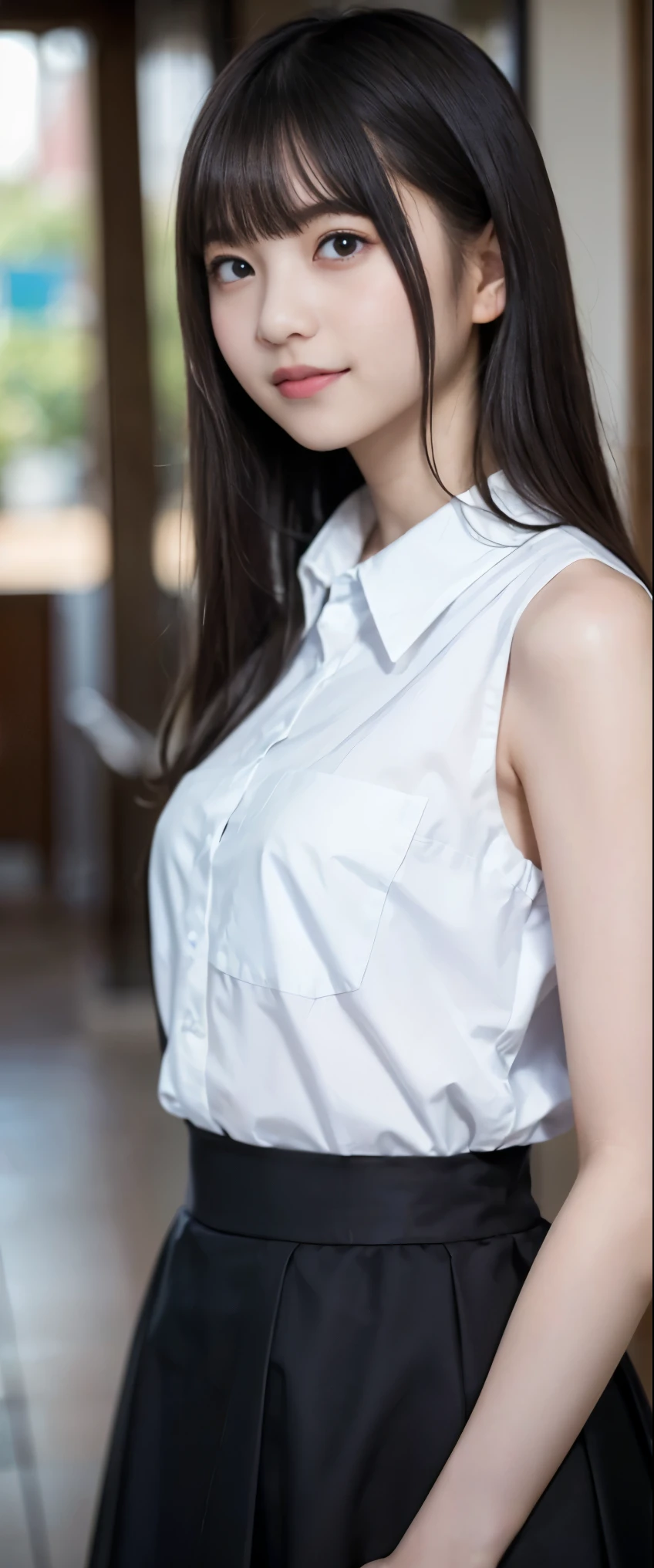 (masterpiece:1.3), (8k, photorealistic, RAW photo, best quality: 1.4), japanese, (1girl), beautiful face, (realistic face), (black hair, short hair:1.3), beautiful hairstyle, realistic eyes, beautiful detailed eyes, (realistic skin), beautiful skin, attractive, ultra high res, ultra realistic, highly detailed, golden ratio, detaled face,looking at viewer,smile,open white shirt,medium breasts,standing,hand on hip