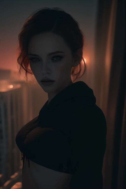 Foto de kristen stewart, crudo, mujer hermosa, ((gothic portrait)), ((detallado face:1.2)), ((detallado facial feature, labios rojo sangre, small breasts with cleavage, detallado skin, Piel clara), (cuerpo perfectamente proporcionado), (vistiendo una chaqueta de cuero negra abierta) (high detallado city environment, apartment balcony), (foto realista, mejor calidad, detallado), (fondo de pantalla 8k), (cinematic lighting, dramatic lighting) (Sharp focus, intrincado)