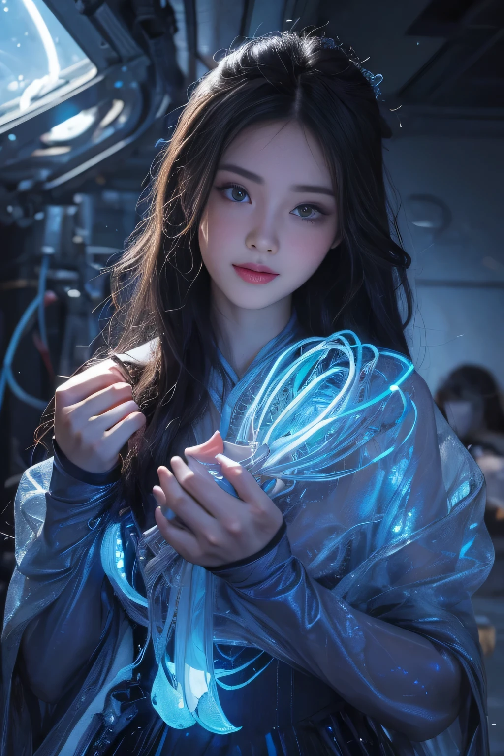 black hair, hair bobbles, wince, longeyelashes, solid circle eyes, light smile, ear blush, fang, Surrealism, drop shadow, anaglyph, stereogram, tachi-e, pov, atmospheric perspective, 8k, super detail, ccurate, best quality，Full picture, Seven-hit shooting, 18 years old, Wearing transparent sci-fi clothes, Exquisite face, detail, hand, ultimate detail, Stunning magnificence, LED interior lighting, Pedepin (Pedaipan) style, Fiber Hair, Glowing blue iris, Glowing blue iris. ,,
