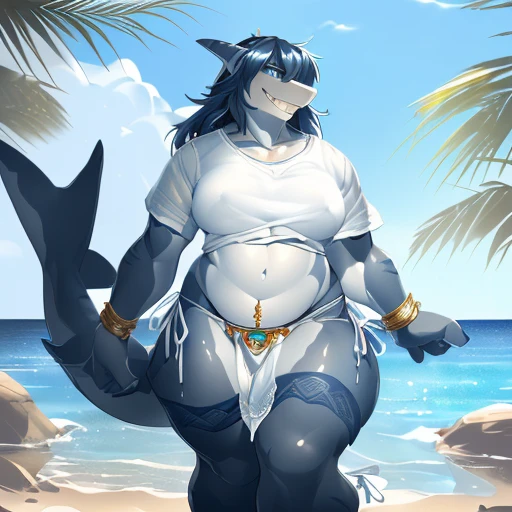 hi res,(((shark, finless shark))), (((not furry))), anthro, (((hair(head)))), aqua blue eyes, ((((long loincloth)))), ((((lingerie speedo, sexy bikini, side-tie panties, tiny black thong)))), (((( female, , anthro, , slim, Skinny)))), female, , anthro, , slim, Skinny, tail, adults, mature, (female solo) outside, plant, light blue body, sea, tree, (water), detailed background,by milkytiger1145,by takemoto arashi,by null-ghost, cold atmosphere, open smile, soft blue blush, single fin, ((((((((wearing white tshirts)))))))), (((((( thighs, thick thighs, thick calves, wide hips, wide pelvis, curvy figure, voluptuous figure, both feet are close together., \hourglass \figure, f\emb\oy body, female body)))))), (((((golden accessory, loincloth accessory, loincloth jewelry, jewels and ornaments for loincloth, sexy loincloth, belly dancer outfit, long pelvic curtain, narrow loincloth)))))