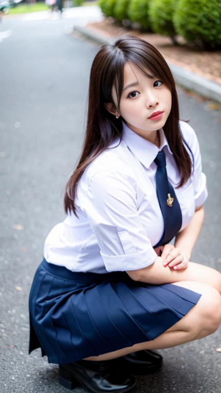 Thai, white collared shirt, necktie, pleated skirt, dark blue long skirt, Thighs look good,big breasts,squatting down, open leg to side,