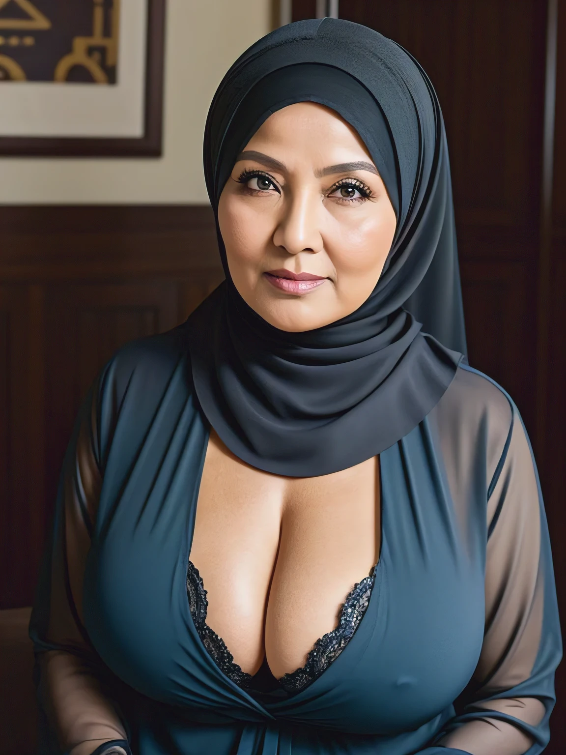 (Realistic) ((Hijab)) (real mature face) 68 Years old fat Brunei mature woman, sexy curvy, (sexy chubby body shape), Big : 34.9, (wide cleavage), professional photography with excellent lighting