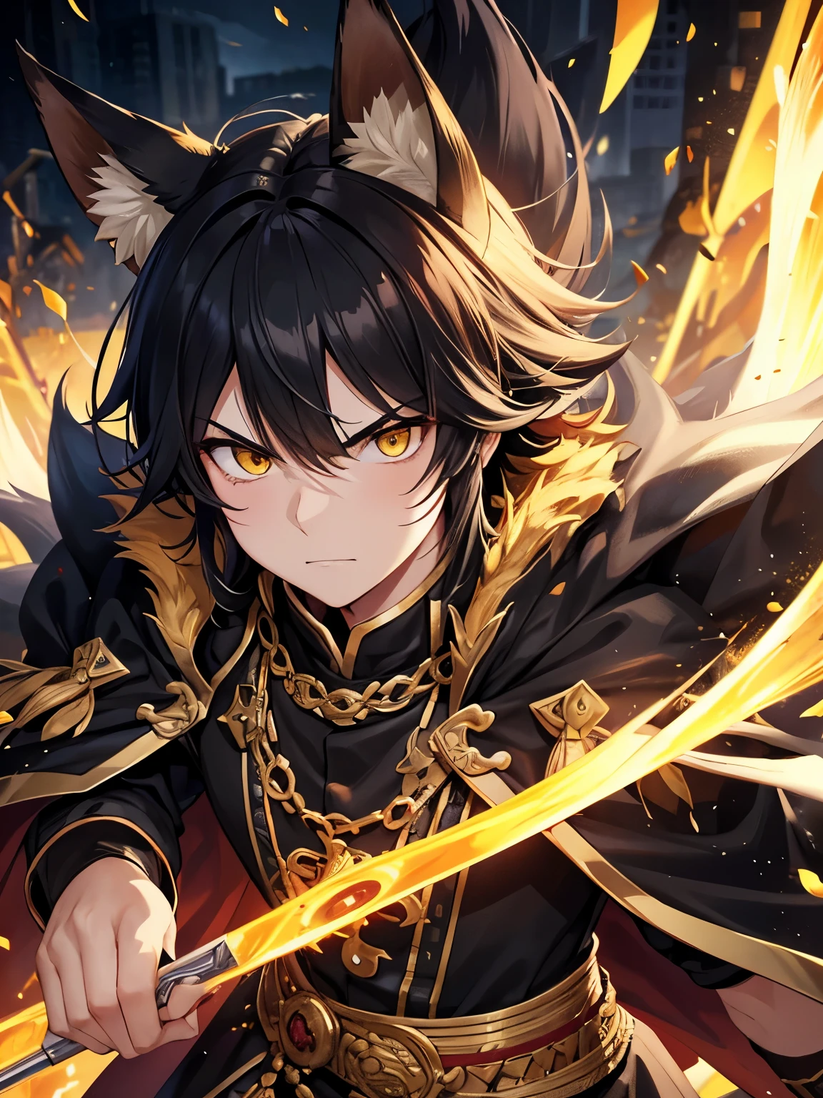 1 fox king, fox ears, black hair, yellow eyes, royal clothes, standing, building ruins background, angry expression,close up photo, ultra detail, ultra HD