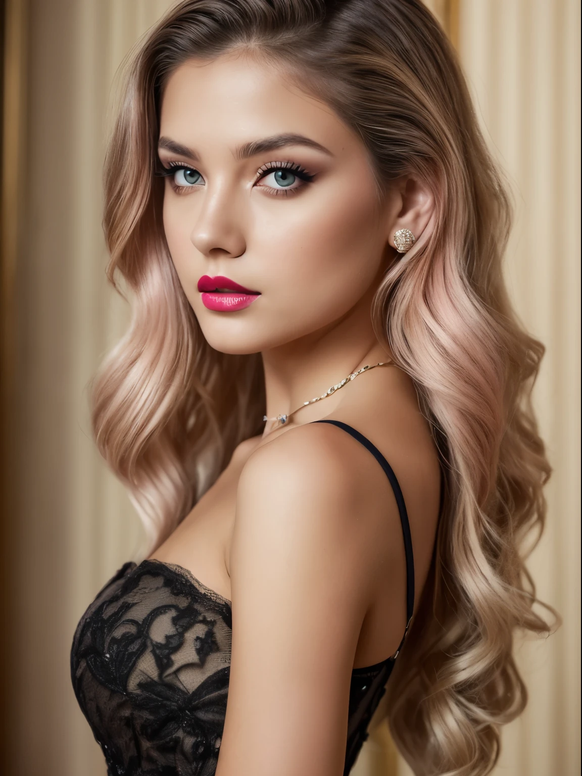 (Best quality,8K,A high resolution,Masterpiece:1.2, DSLR, 16k ),Ultra-detailed,(Realistic,Photorealistic,photo-realistic:1.37),Portrait, Creative style artwork, Historical, classical, Sophisticated, plethora of colors ,Highly detailed, Soft lighting, luxurious environment , black dress, there is young woman , girl wearing a red classy royal dress, performing a music video, slim fit (oval perfect shape, asymmetrical face structure, perfect proportion, almond eye type, hazal eye color, detailed eyes, yellow hair color, 34 inch breasts, hourglass figure, slim body, pale white skin tone ,sexy girl, 22 years old, soft wavy hair, looking away, attitude expression, professional makeup, pink lips)