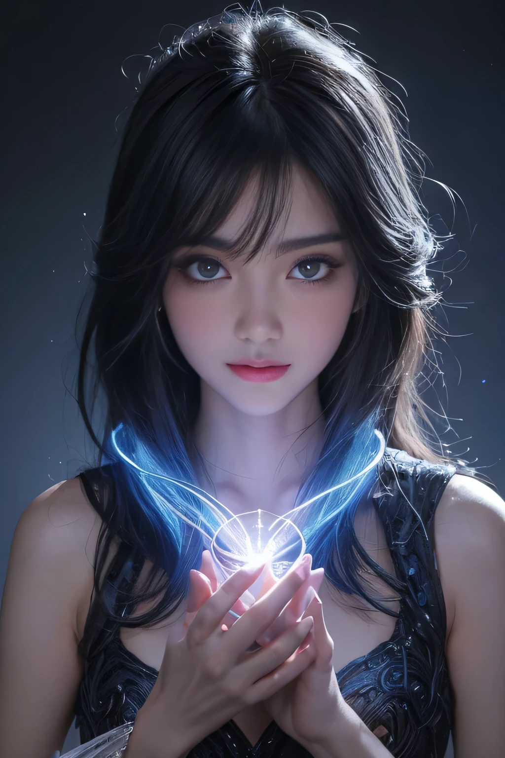 black hair, hair bobbles, wince, longeyelashes, solid circle eyes, light smile, ear blush, fang, Surrealism, drop shadow, anaglyph, stereogram, tachi-e, pov, atmospheric perspective, 8k, super detail, ccurate, best quality，Full picture, Seven-hit shooting, 18 years old, Wearing transparent sci-fi clothes, Exquisite face, detail, hand, ultimate detail, Stunning magnificence, LED interior lighting, Pedepin (Pedaipan) style, Fiber Hair, Glowing blue iris, Glowing blue iris. ,,