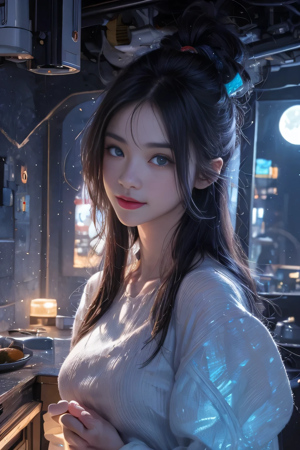 black hair, hair bobbles, wince, longeyelashes, solid circle eyes, light smile, ear blush, fang, Surrealism, drop shadow, anaglyph, stereogram, tachi-e, pov, atmospheric perspective, 8k, super detail, ccurate, best quality,Full picture, Seven-hit shooting, 18 years old, Wearing transparent sci-fi clothes, Exquisite face, detail, hand, ultimate detail, Stunning magnificence, LED interior lighting, Pedepin (Pedaipan) style, Fiber Hair, Glowing blue iris, Glowing blue iris. ,,