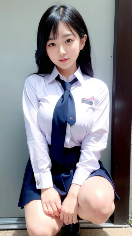 Thai, white collared shirt, necktie, pleated skirt, dark blue long skirt, Thighs look good, squatting down, open leg to side,