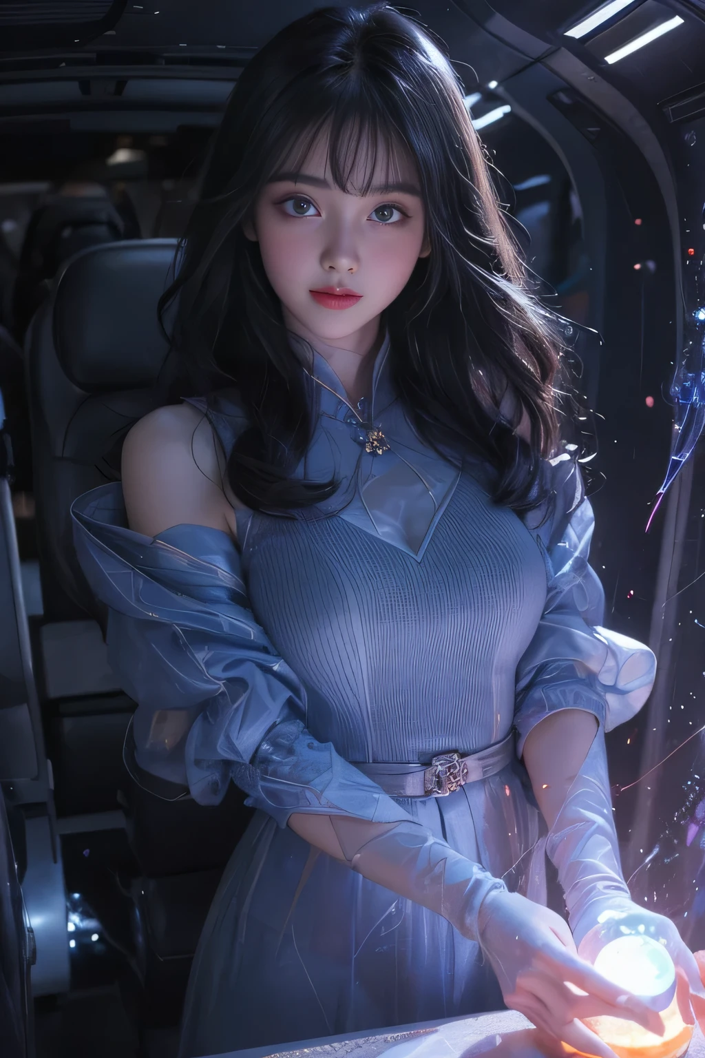 black hair, hair bobbles, wince, longeyelashes, solid circle eyes, light smile, ear blush, fang, Surrealism, drop shadow, anaglyph, stereogram, tachi-e, pov, atmospheric perspective, 8k, super detail, ccurate, best quality,Full picture, Seven-hit shooting, 18 years old, Wearing transparent sci-fi clothes, Exquisite face, detail, hand, ultimate detail, Stunning magnificence, LED interior lighting, Pedepin (Pedaipan) style, Fiber Hair, Glowing blue iris, Glowing blue iris. ,,