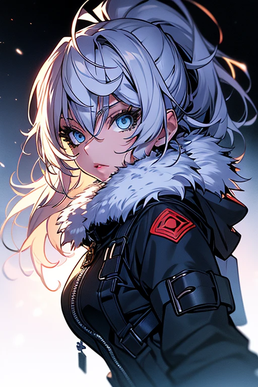 a woman, leggings, pleated skirt, sports top, high ponytail, high boots, long fur jacket, on a foggy moonlit night in a ghost town, detailed face, hyper detailed eye's, detailed lips, , with a metal chainned-colar in the neck, lineart