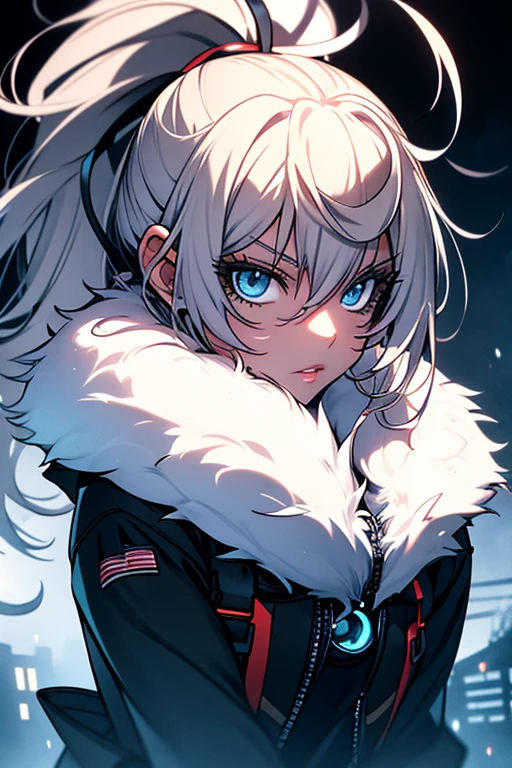 a woman, leggings, pleated skirt, sports top, high ponytail, high boots, long fur jacket, on a foggy moonlit night in a ghost town, detailed face, hyper detailed eye's, detailed lips, , with a metal chainned-colar in the neck, lineart