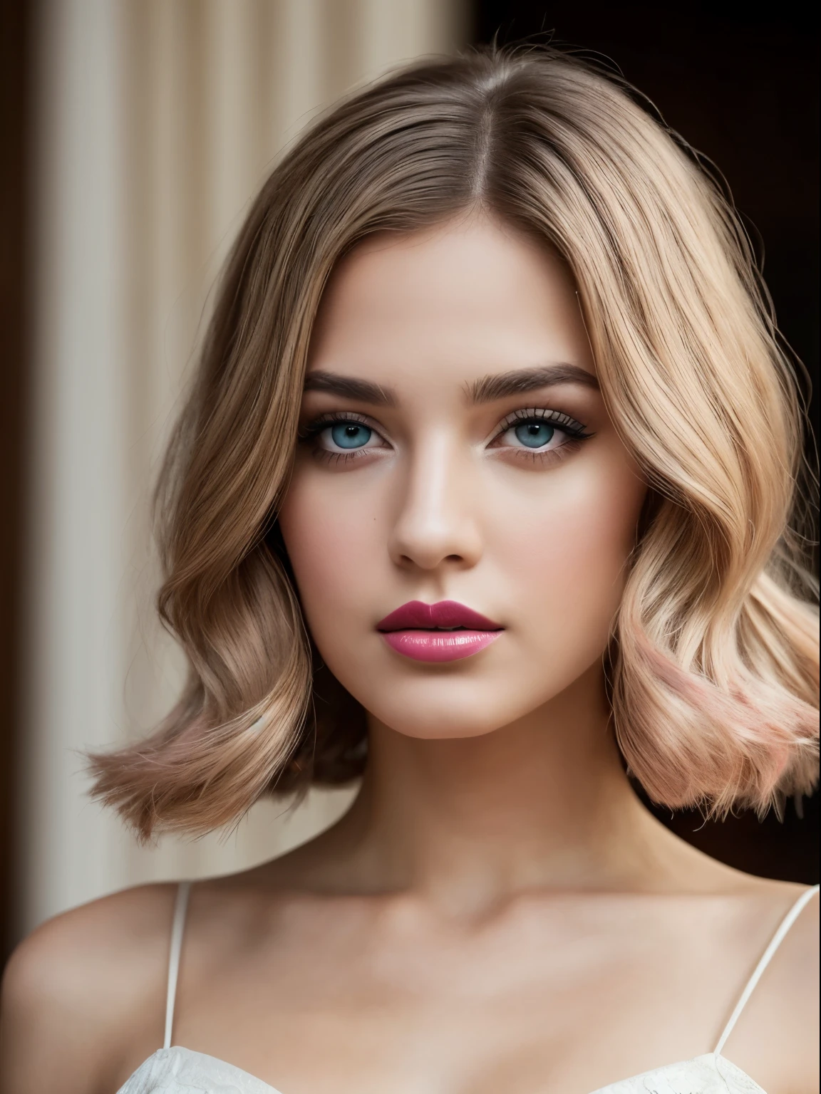 (Best quality,8K,A high resolution,Masterpiece:1.2, DSLR, 16k ),Ultra-detailed,(Realistic,Photorealistic,photo-realistic:1.37),Portrait, Creative style artwork, Historical, classical, Sophisticated, plethora of colors ,Highly detailed, Soft lighting, luxurious environment , black dress, there is young woman , girl wearing a red classy royal dress, performing a music video, slim fit (oval perfect shape, asymmetrical face structure, perfect proportion, almond eye type, hazal eye color, detailed eyes, yellow hair color, 34 inch breasts, hourglass figure, slim body, pale white skin tone ,sexy girl, 22 years old, soft wavy hair, looking away, attitude expression, professional makeup, pink lips)