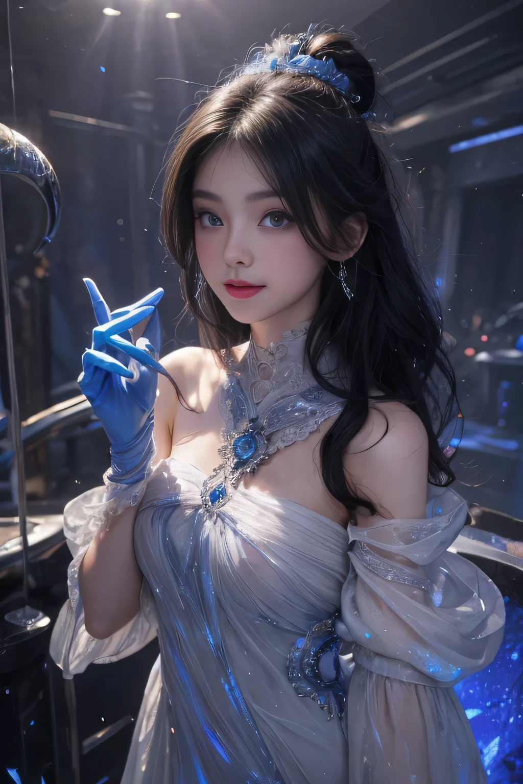black hair, hair bobbles, wince, longeyelashes, solid circle eyes, light smile, ear blush, fang, Surrealism, drop shadow, anaglyph, stereogram, tachi-e, pov, atmospheric perspective, 8k, super detail, ccurate, best quality，Full picture, Seven-hit shooting, 18 years old, Wearing transparent sci-fi clothes, Exquisite face, detail, hand, ultimate detail, Stunning magnificence, LED interior lighting, Pedepin (Pedaipan) style, Fiber Hair, Glowing blue iris, Glowing blue iris. ,,