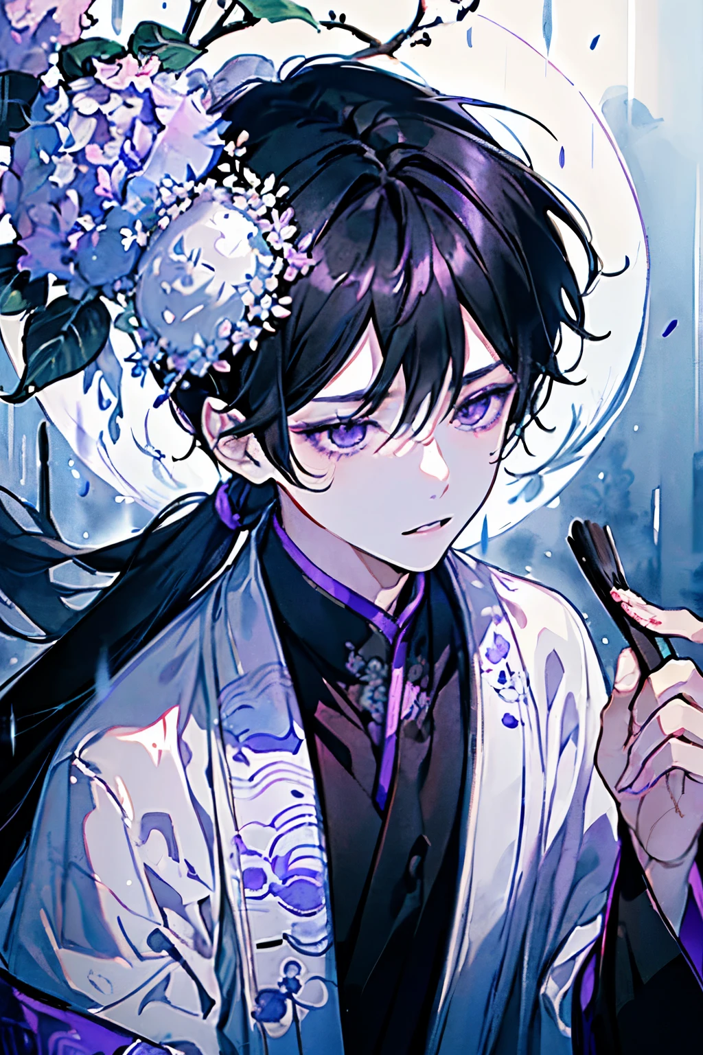 ((boy around 18 years old)),(Black Hair:1.3),(Long Hair:1.3),(Purple and grey costume reminiscent of an ancient Chinese scholar),(The atmosphere of a watercolor painting),(Close-up of face:1.25),(rain:1.2),(Hydrangea and many other flowers々:1.2),(Brush and Scroll:1.3)