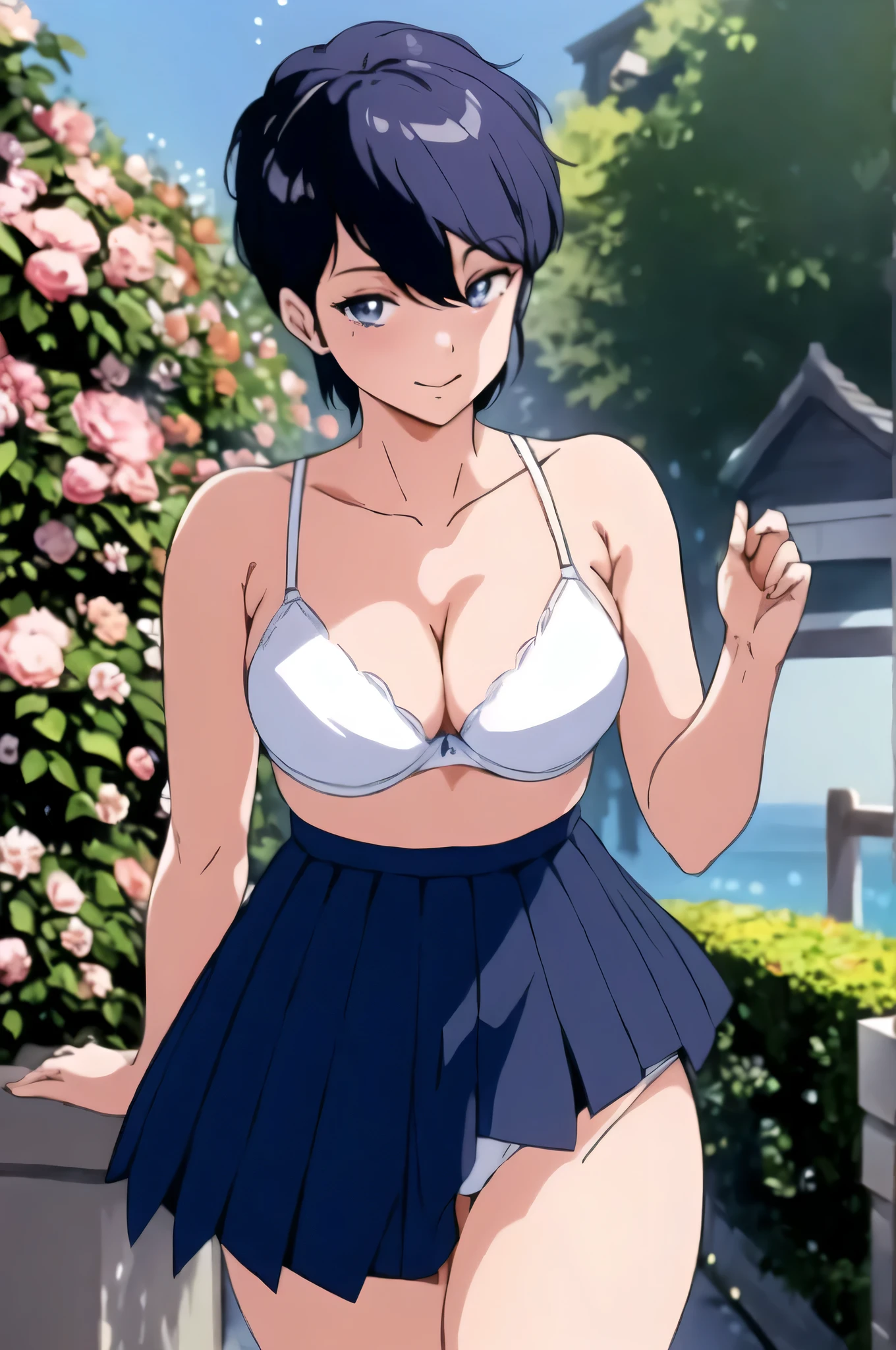 masterpiece, highest quality, (Ultra High Resolution), Crisp animation, (Perfect Face, Detailed face), (garden, Before spraying water), (miki), (Idol Pose), Blue eyes, (Fine grain:1.3, Detailed and high resolution), (Shortcut hair, dark blue hair), smile, Blushing, (serafuku:1.2), (Large Breasts:1.2), (White bra:1.5, Sexy), (Beautiful cleavage:1.2), Navy blue mini skirt, (White panties are visible:1.4, Sexy),