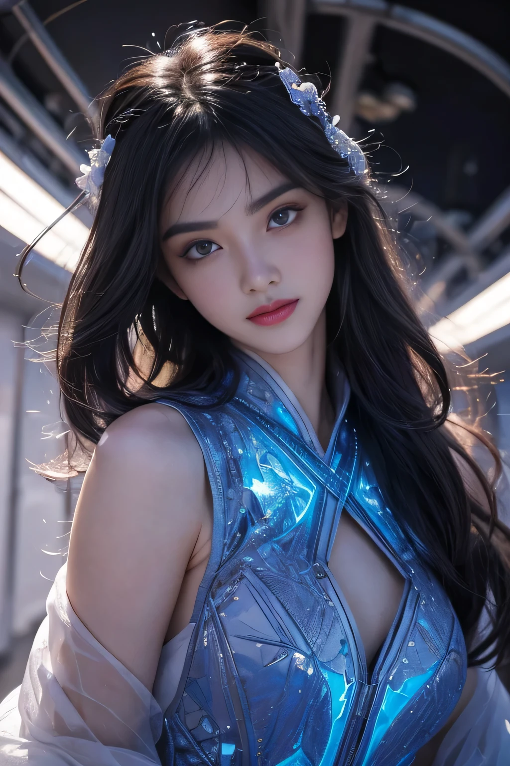 black hair, hair bobbles, wince, longeyelashes, solid circle eyes, light smile, ear blush, fang, Surrealism, drop shadow, anaglyph, stereogram, tachi-e, pov, atmospheric perspective, 8k, super detail, ccurate, best quality,Full picture, Seven-hit shooting, 18 years old, Wearing transparent sci-fi clothes, Exquisite face, detail, hand, ultimate detail, Stunning magnificence, LED interior lighting, Pedepin (Pedaipan) style, Fiber Hair, Glowing blue iris, Glowing blue iris. ,,