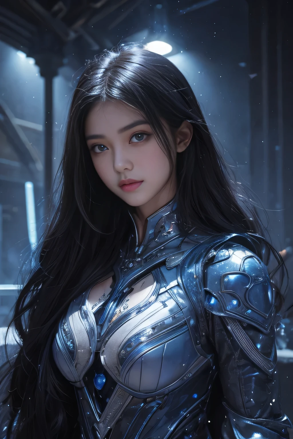 black hair, hair bobbles, wince, longeyelashes, solid circle eyes, light smile, ear blush, fang, Surrealism, drop shadow, anaglyph, stereogram, tachi-e, pov, atmospheric perspective, 8k, super detail, ccurate, best quality，Full picture, Seven-hit shooting, 18 years old, Wearing transparent sci-fi clothes, Exquisite face, detail, hand, ultimate detail, Stunning magnificence, LED interior lighting, Pedepin (Pedaipan) style, Fiber Hair, Glowing blue iris, Glowing blue iris. ,,