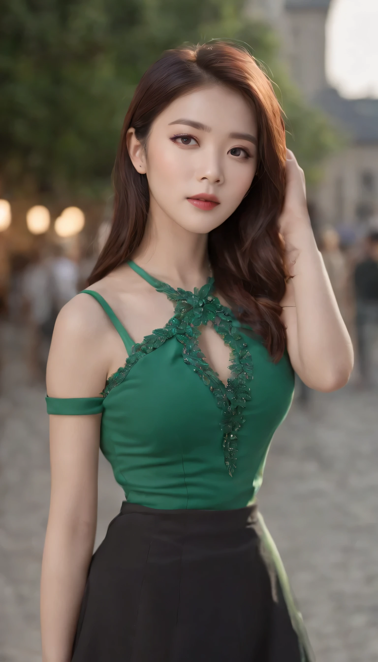 Stylish,argent,blouse,basic crop top,body suits,green,woman leather bag,college,universe, face the camera, smile, 19 year old girl, sexy girl,big boobs, beautiful girl, indonesian model, white healthy skin, delicate eyes, tied-up hair, ethnic earrings, golden tiara, full body photo, realistic hands, realistic fingers, natural hands, natural fingers, (sexy body:1.2), (slim waist:1.2), waving hand